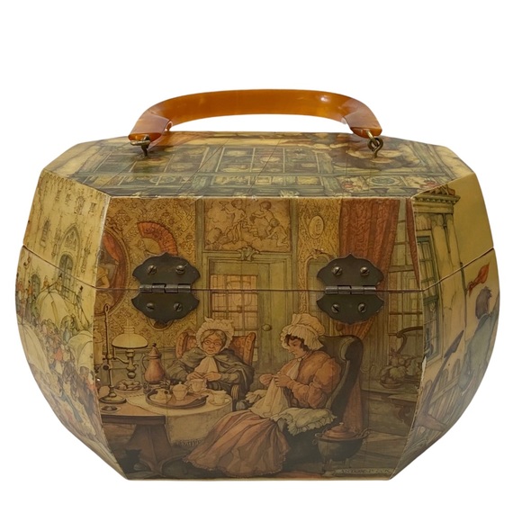 Vintage 1970s Anton Pieck Street Scene Decoupage Wood Box Lucite Purse Handbag - Picture 4 of 13